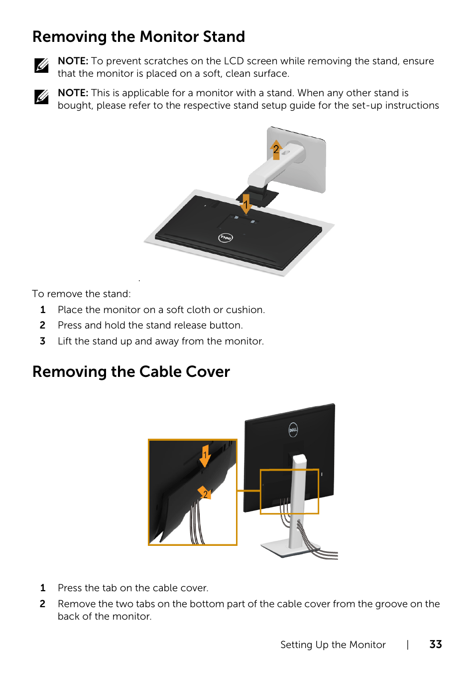 Removing the cable cover, Removing the monitor stand | Dell U2415 Monitor  User Manual | Page 33 / 65