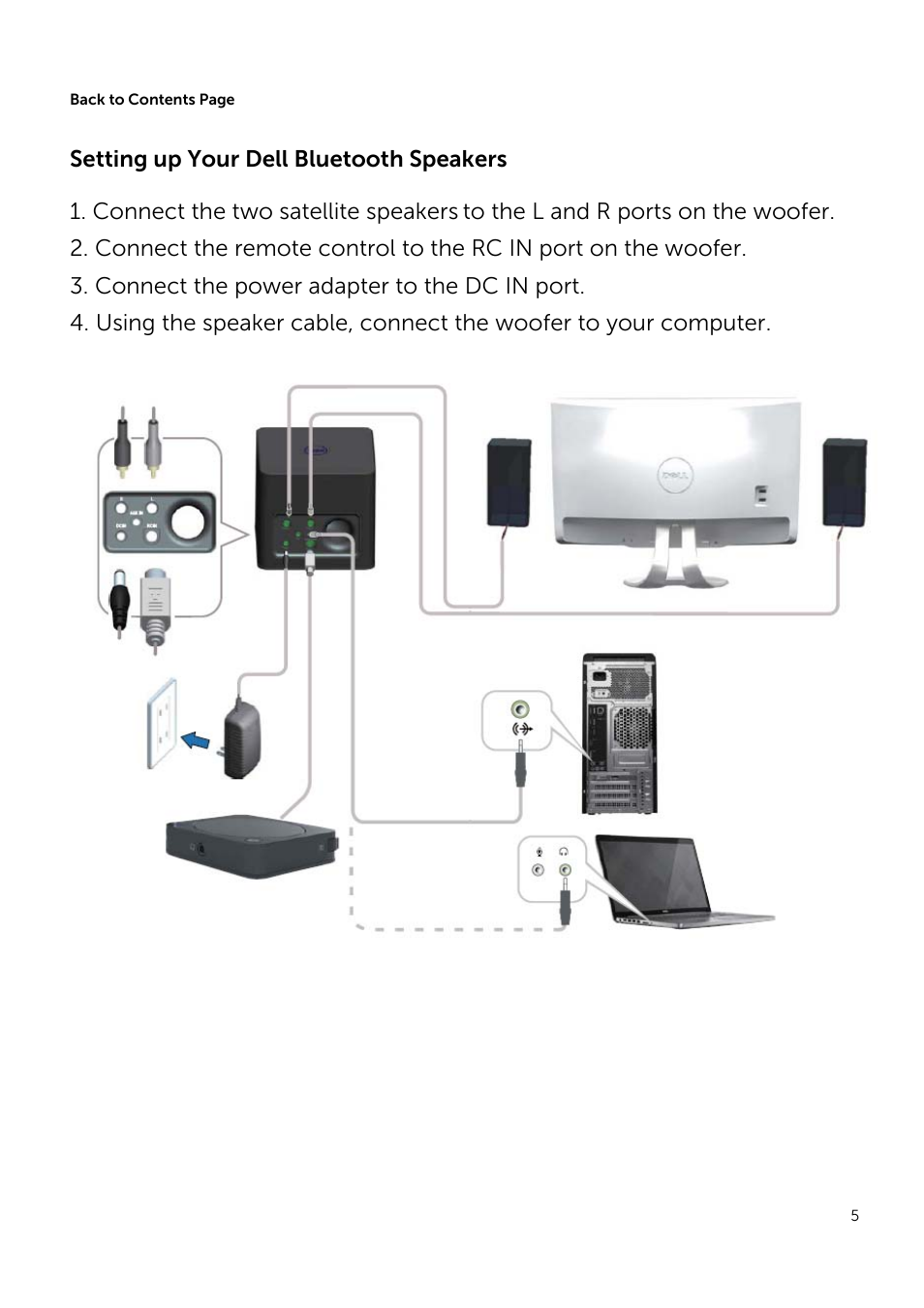 Setting up your dell bluetooth speakers, Connect the two satellite speakers,  Connect the power adapter to the dc in port | Dell Wireless Speaker System  AC411 User Manual | Page 5 / 15