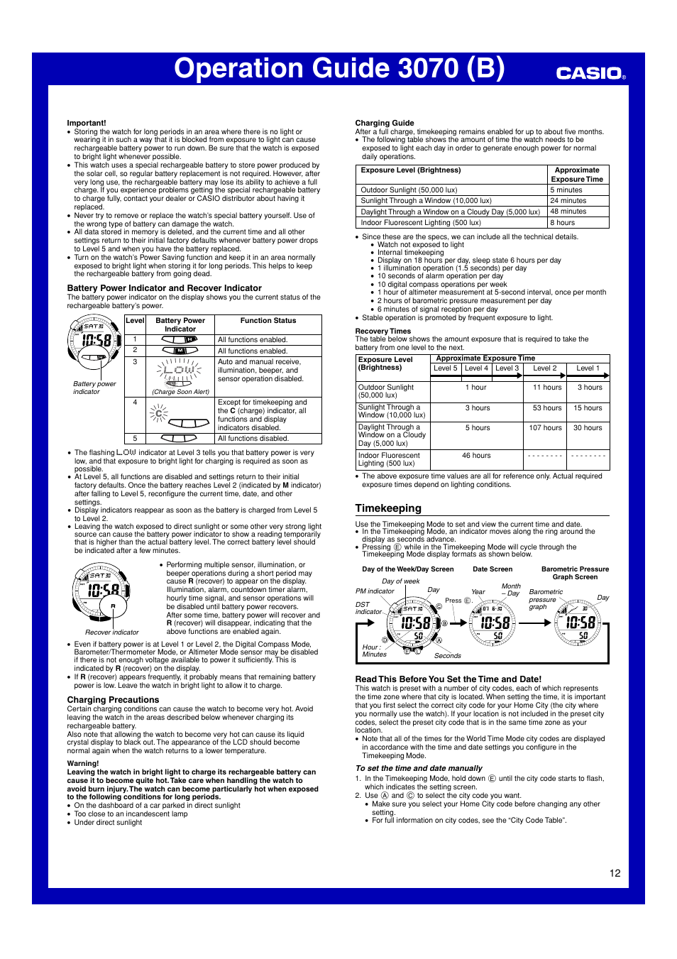 Timekeeping, Operation guide 3070 (b) | Casio 3070 User Manual | Page 12 /  15