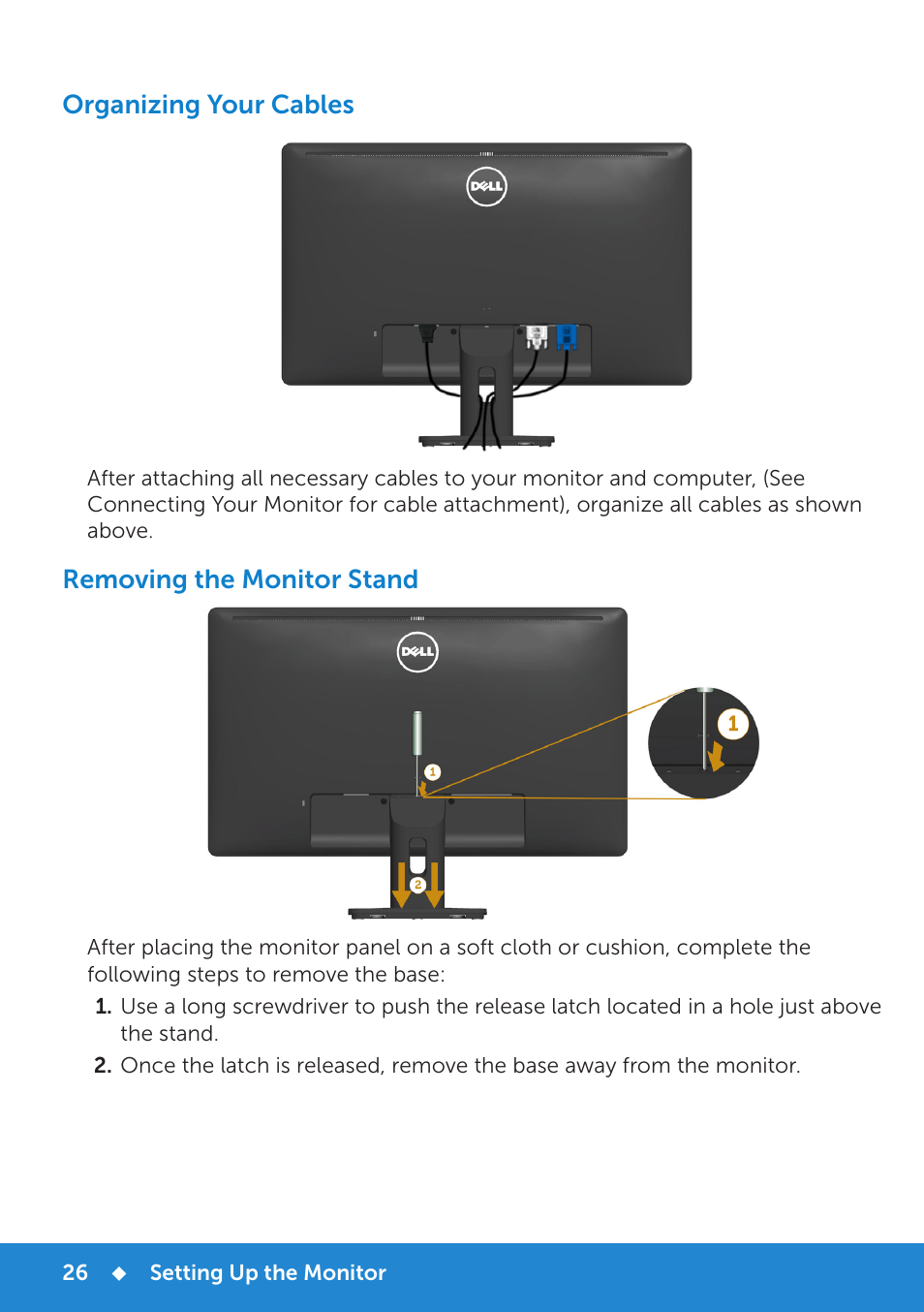 Organizing your cables, Wall mounting (optional), Removing the monitor  stand | Dell E2214H Monitor User Manual | Page 26 / 70