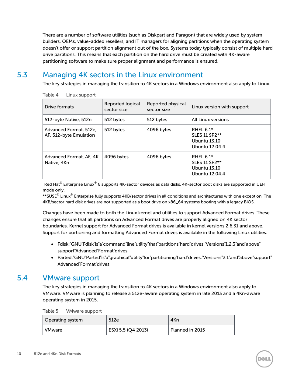 3 managing 4k sectors in the linux environment, 4 vmware support, Managing  4k sectors in the linux environment | Dell PowerEdge R530 User Manual |  Page 10 / 12