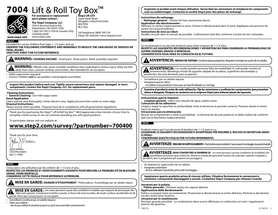 Step2 Lift & Roll Toy Box User Manual | 4 pages | Original mode