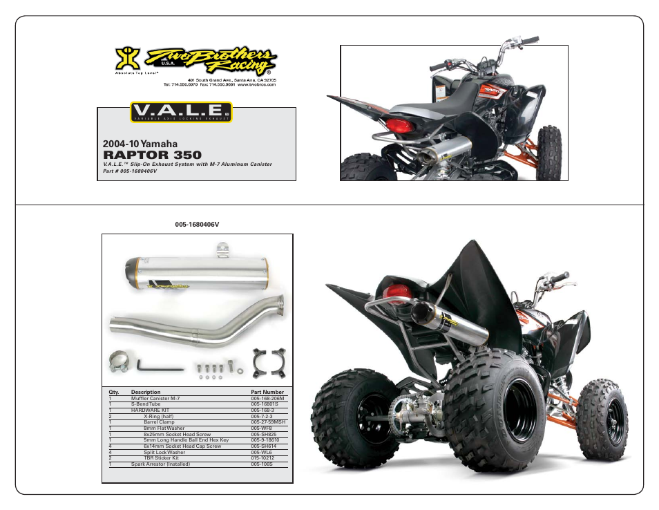 V.a.l.e, Raptor 350 | Two Brothers Racing Yamaha Raptor 350 User Manual |  Page 2 / 2 | Original mode