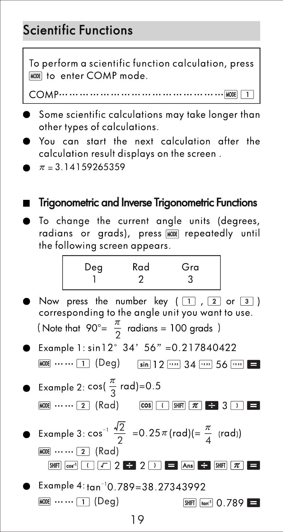 Trigonometric ond inverse trigonometric functions, Scientific functions | HP  10s Scientific Calculator User Manual | Page 20 / 44 | Original mode