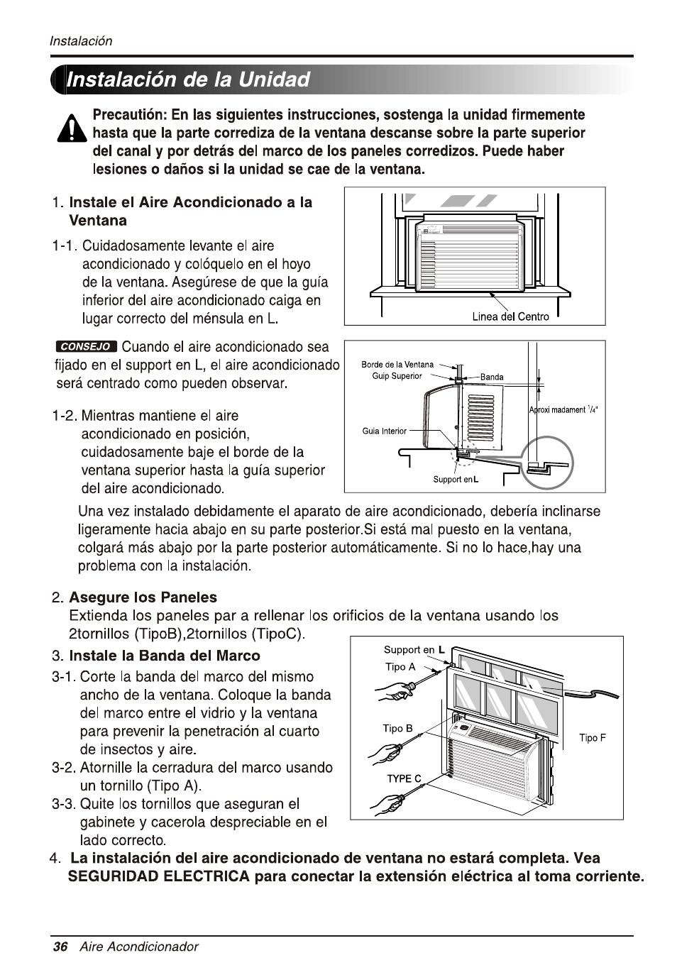 Instalación de la unidad, Instale el aire acondicionado a la ventana,  Asegure los paneles | LG WG5005R User Manual | Page 36 / 44 | Original mode