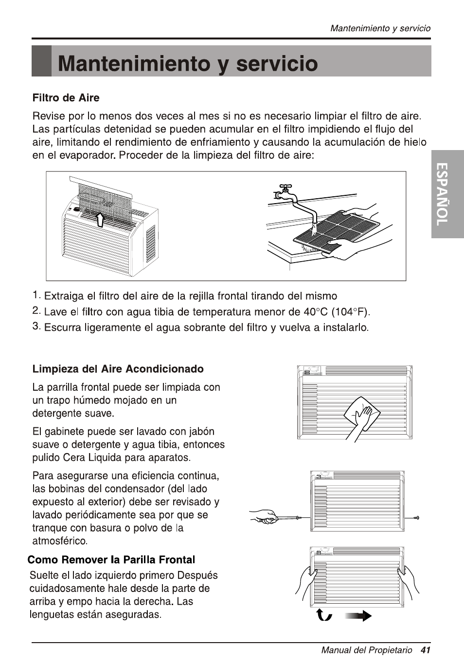 B mantenimiento y servicio, Filtro de aire, Limpieza del aire acondicionado  | LG WG5005R User Manual | Page 41 / 44 | Original mode