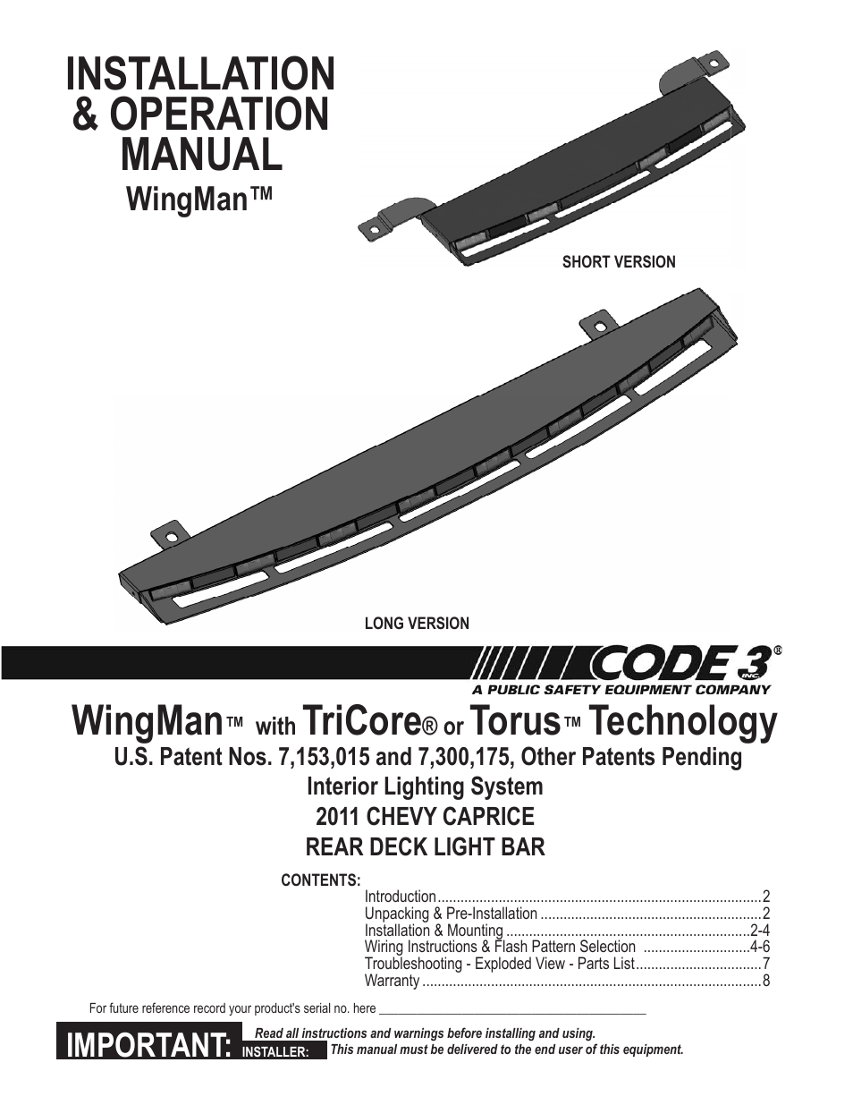 Code 3 WingMan with TriCore or Torus for 2011 Caprice User Manual | 8 pages
