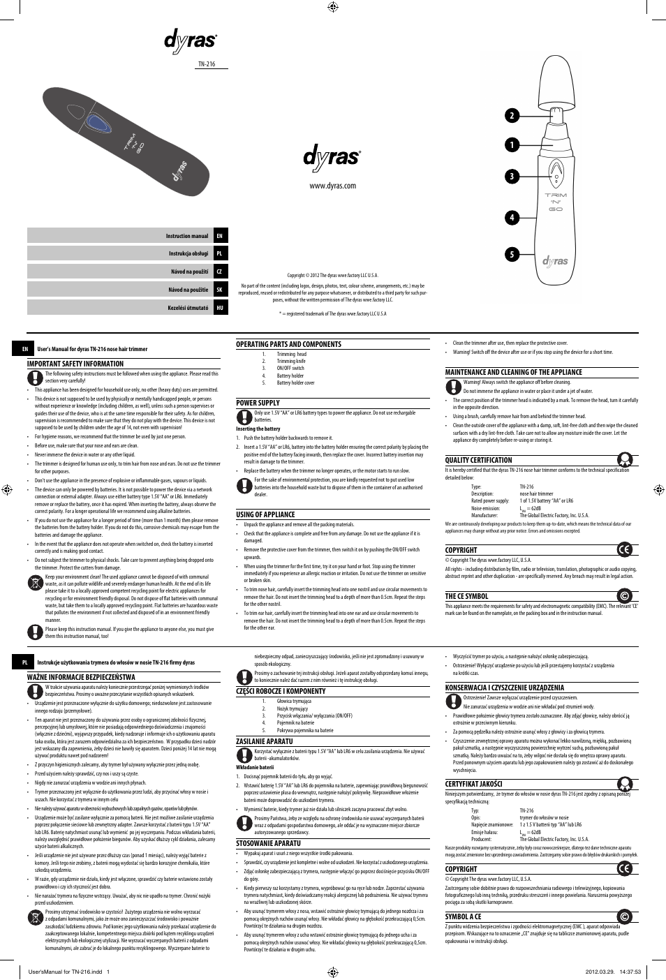 Dyras TN-216 User Manual | 2 pages | Original mode