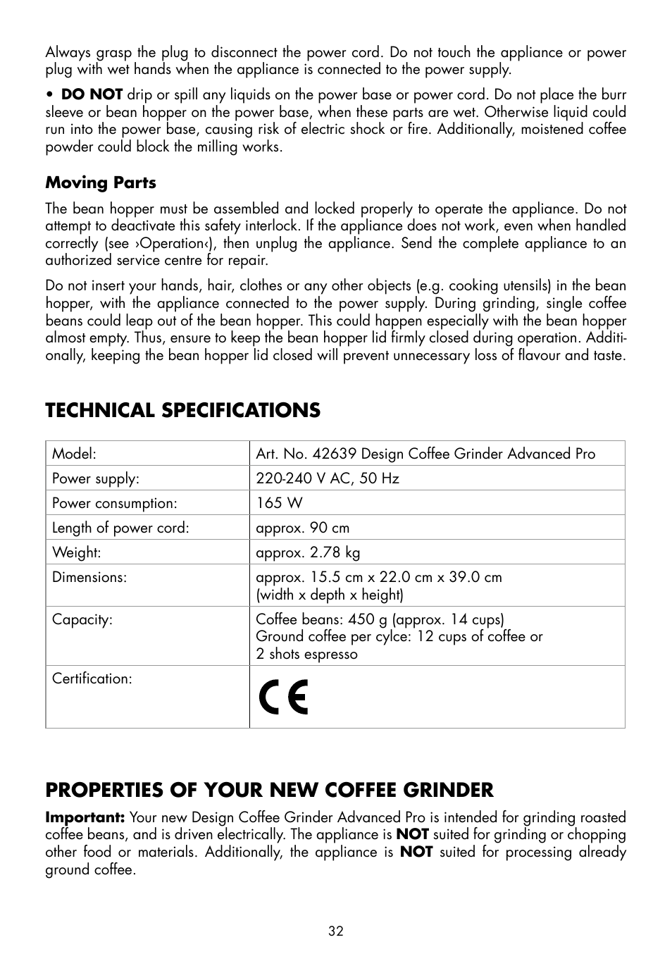 Technical specifications, Properties of your new coffee grinder | Gastroback  42639 Design Coffee Grinder Advanced Pro User Manual | Page 8 / 23 |  Original mode