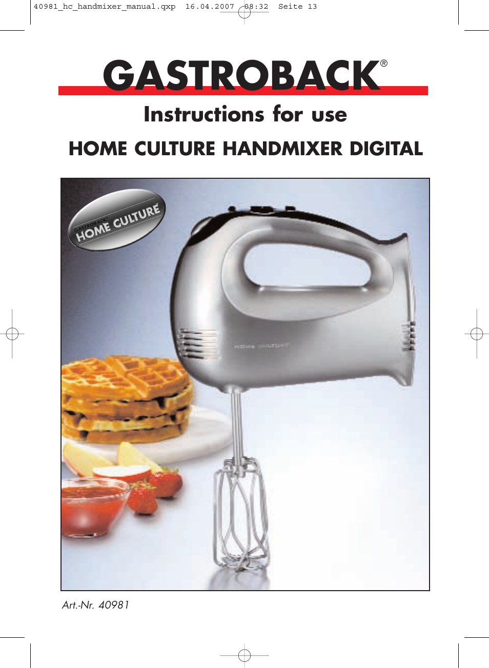 Gastroback 40981 Hand Mixer Digital Home Culture User Manual | 12 pages
