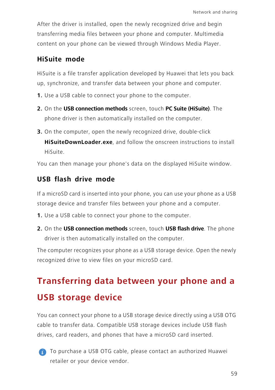 Hisuite mode, Usb flash drive mode | Huawei Ascend Mate7 MT7-TL10 User  Manual | Page 63 / 89