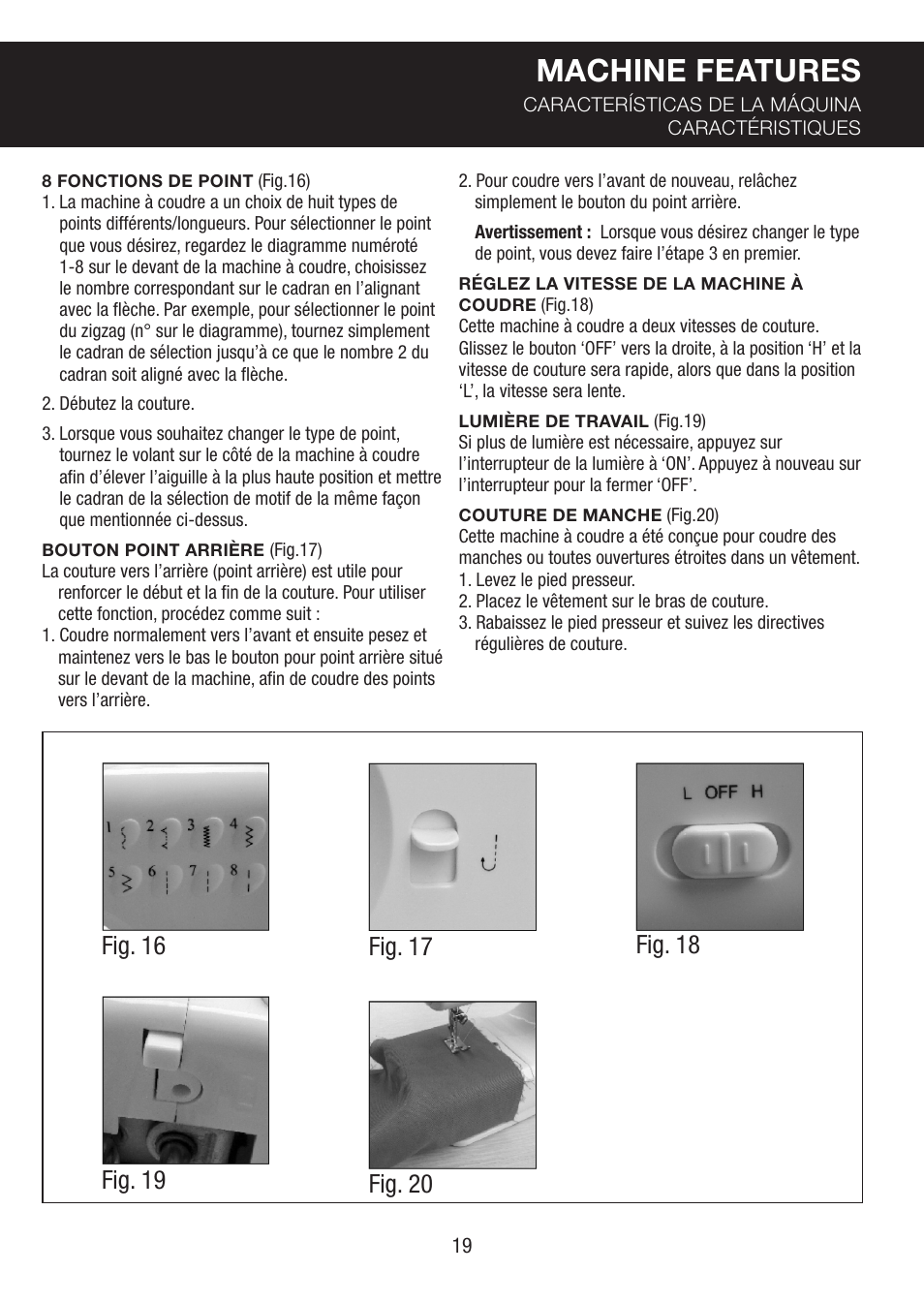 Machine features | SINGER PIXIE User Manual | Page 19 / 24 | Original mode