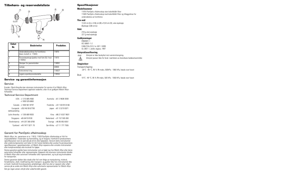 Tilbehørs- og reservedelsliste, Service- og garantiinformasjon, Service | Welch  Allyn 118 Series PanOptic Ophthalmoscope - User Manual User Manual | Page  20 / 26 | Original mode