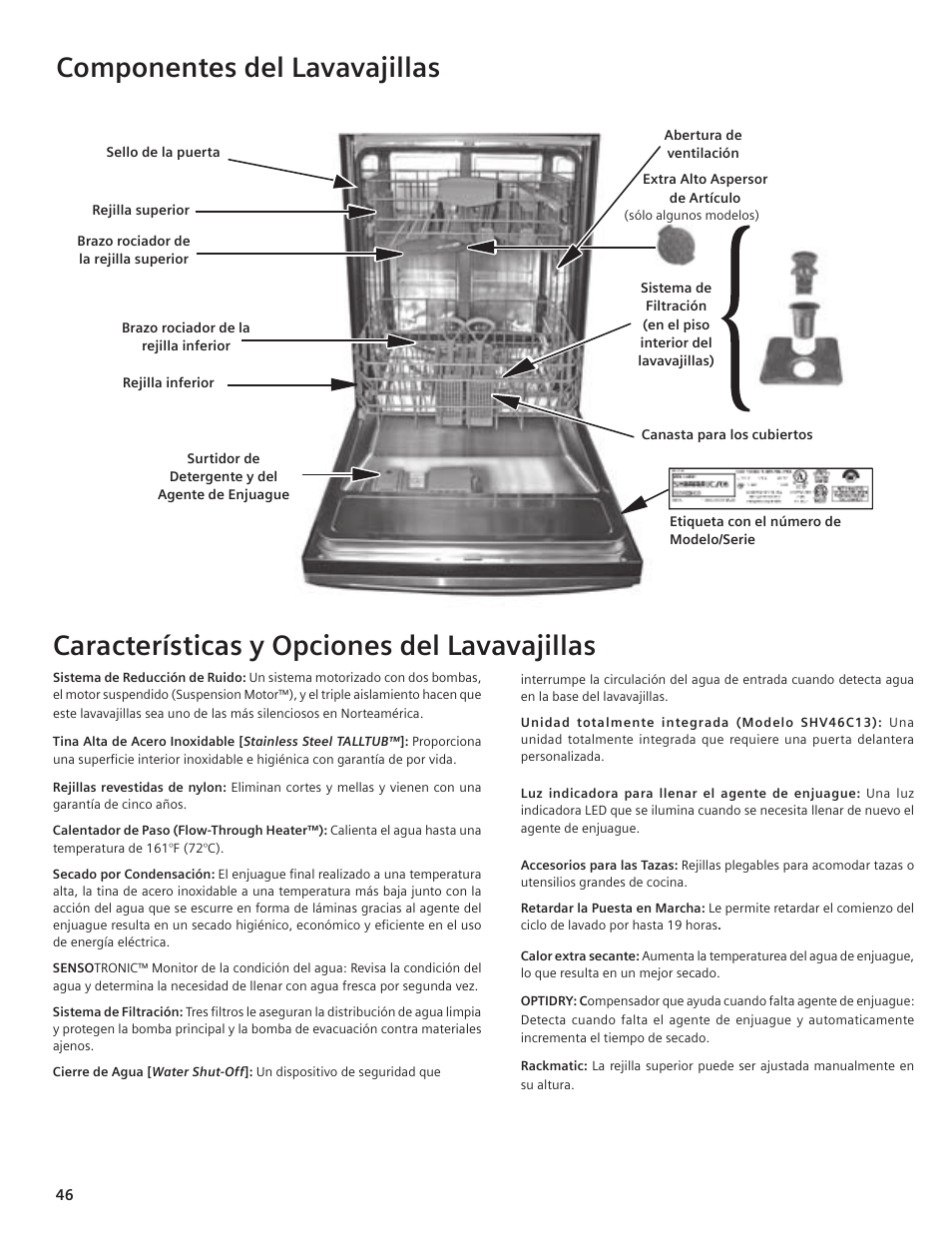Componentes del lavavajillas, Características y opciones del lavavajillas |  Bosch SHE55C User Manual | Page 46 / 64 | Original mode