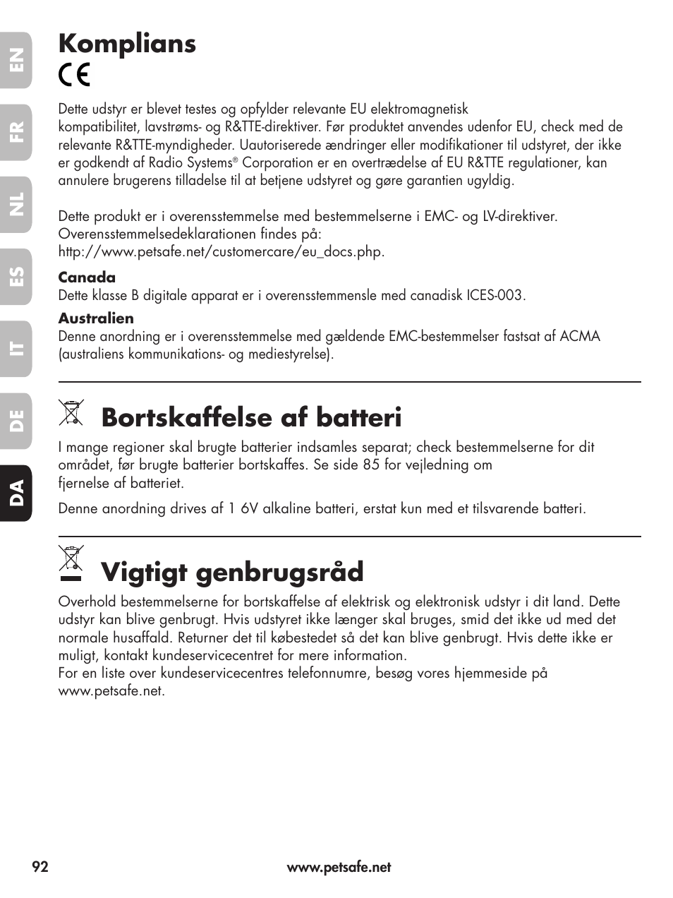 Komplians, Bortskaffelse af batteri, Vigtigt genbrugsråd | Petsafe Deluxe  Little Dog Spray Bark Control User Manual | Page 92 / 96