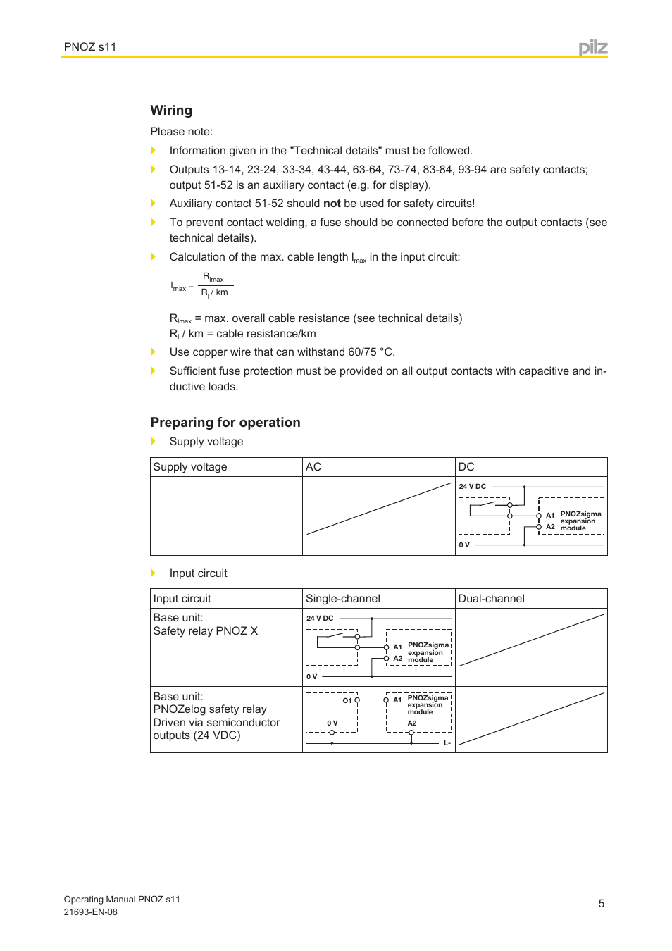 Wiring, Preparing for operation | Pilz PNOZ s11 C 24VDC 8 n/o 1 n/c User  Manual | Page 5 / 13 | Original mode