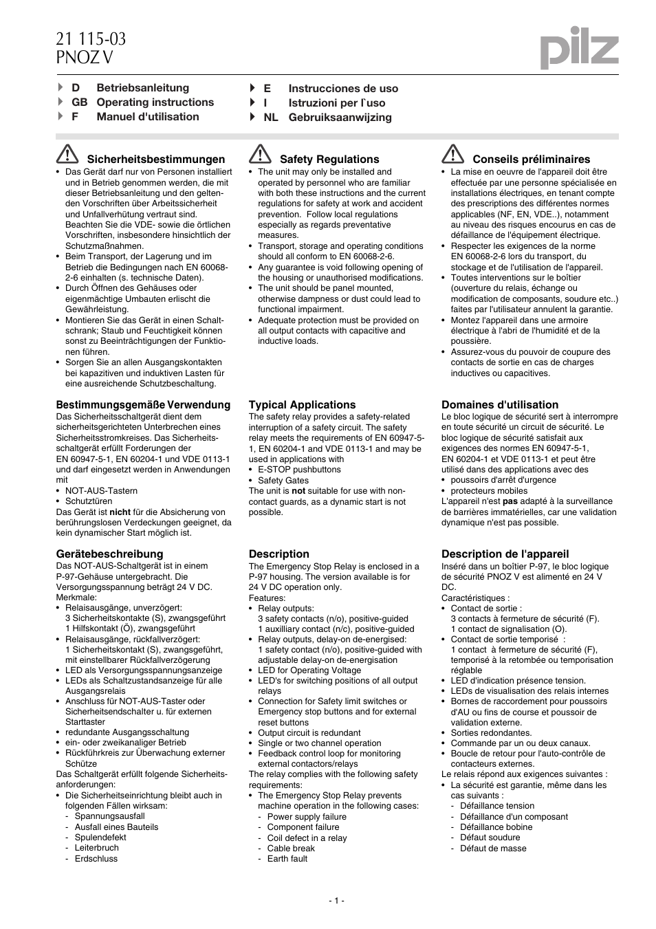 Pilz Pnoz V 300s 24vdc 3n O 1n C 1n O T User Manual 16 Pages Original Mode Also For Pnoz V 30s 24vdc 3n O 1n C 1n O T Pnoz V 3s 24vdc