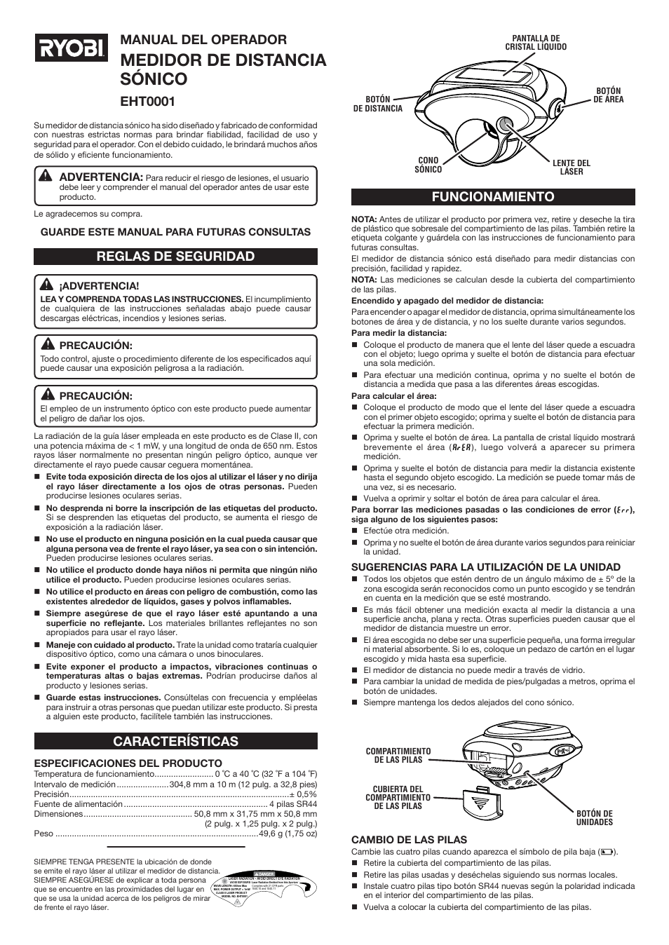 Medidor de distancia sónico, Manual del operador, Eht0001 | Ryobi EHT0001 User  Manual | Page 2 / 2 | Original mode