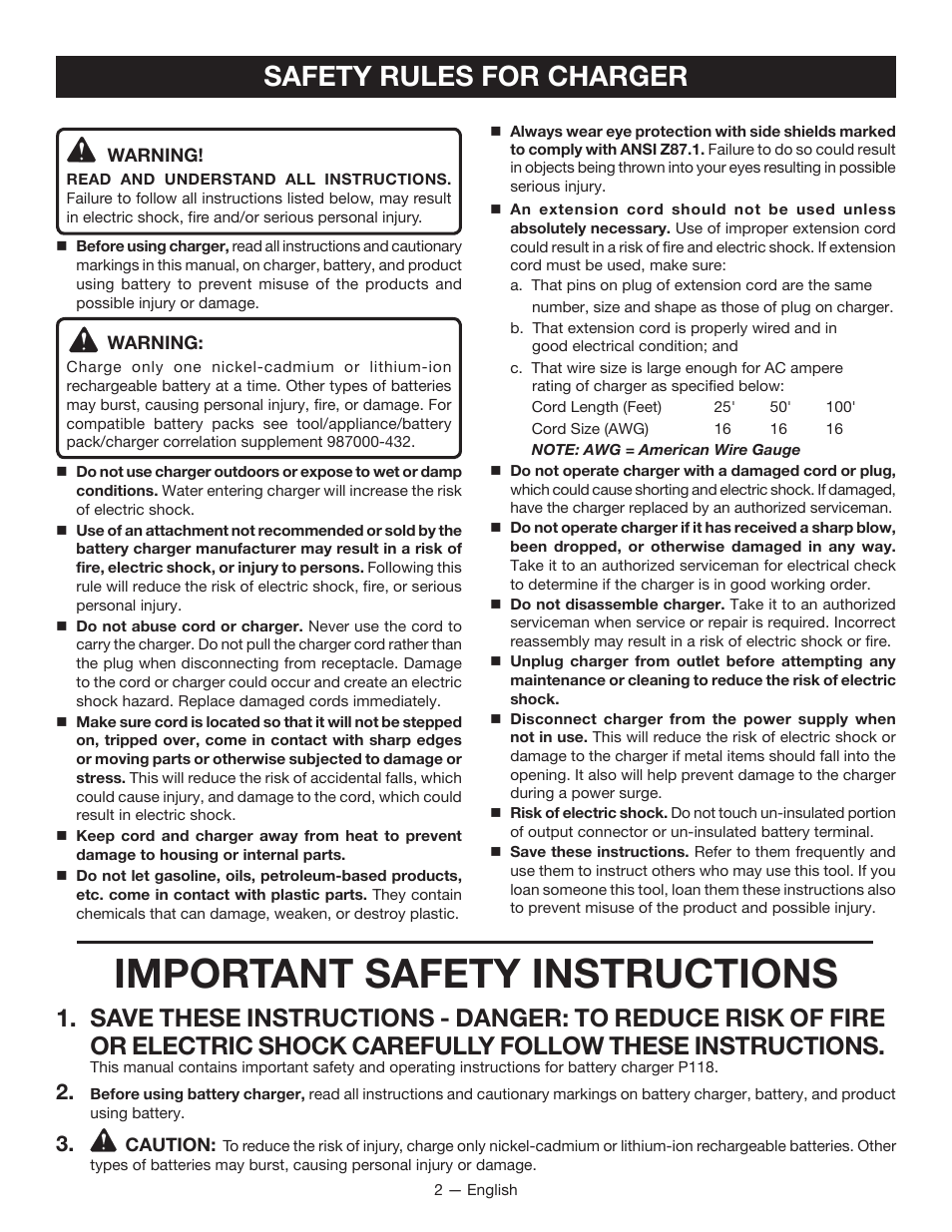 Important safety instructions, Safety rules for charger | Ryobi P118 User  Manual | Page 2 / 20 | Original mode