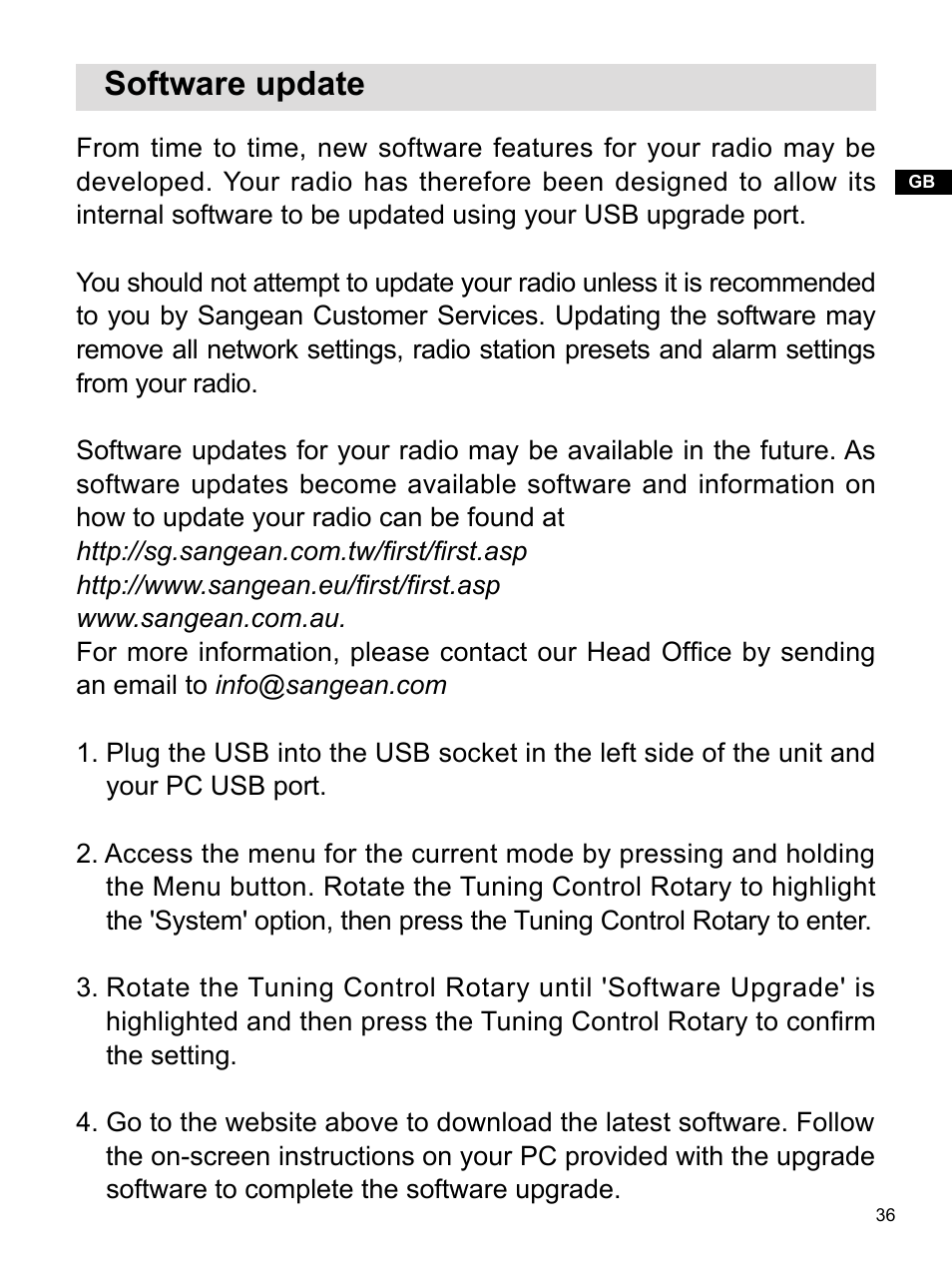 Software update | Sangean DPR-16 (R1) User Manual | Page 37 / 39