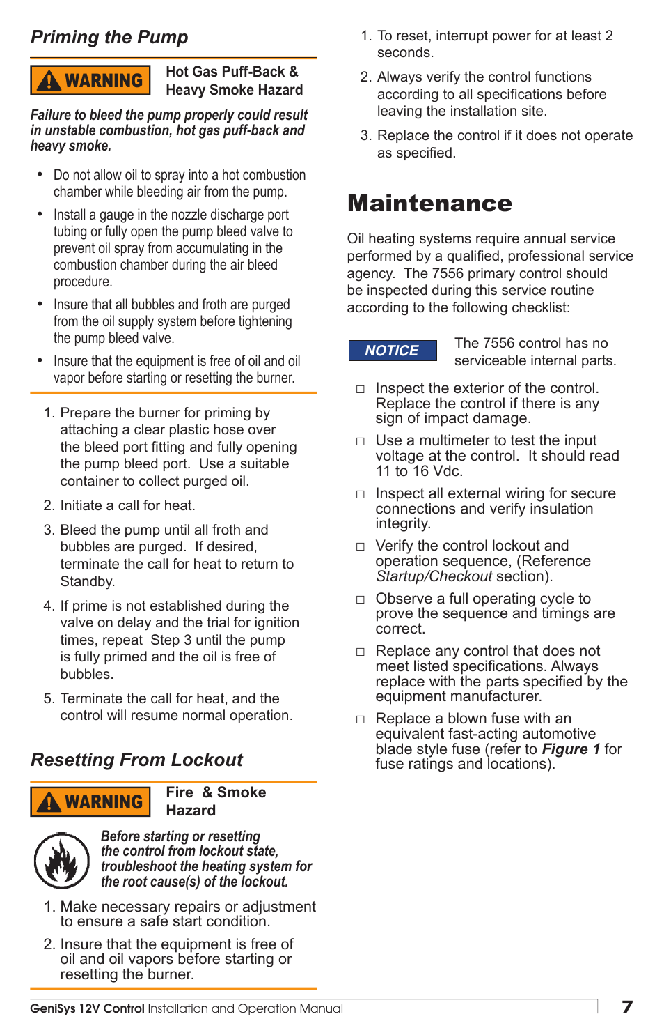 Maintenance, Warning, Priming the pump | Beckett 7556 12V GeniSys ...