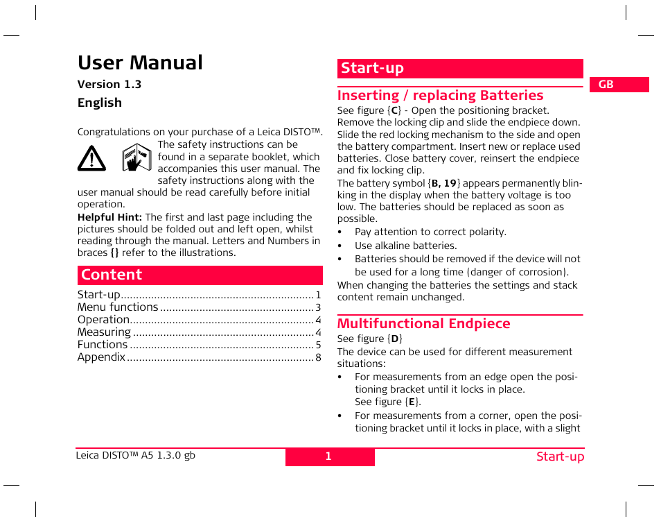 User manual, Content, Start-up | Leica Geosystems Leica DISTO A5 User  Manual | Page 4 / 14