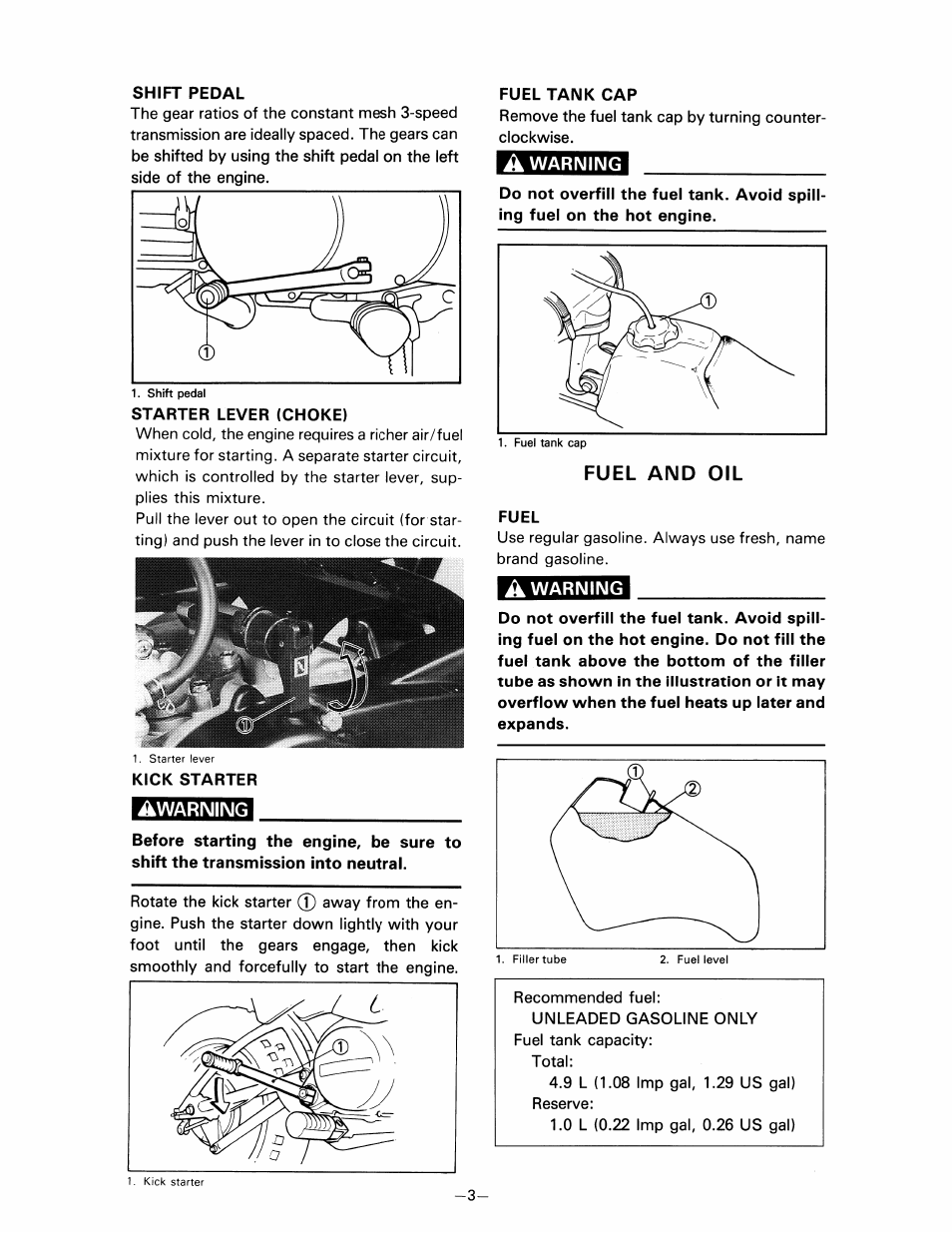 Starter lever (choke), Warning, Fuel tank cap | Yamaha pw80 User Manual |  Page 15 / 64