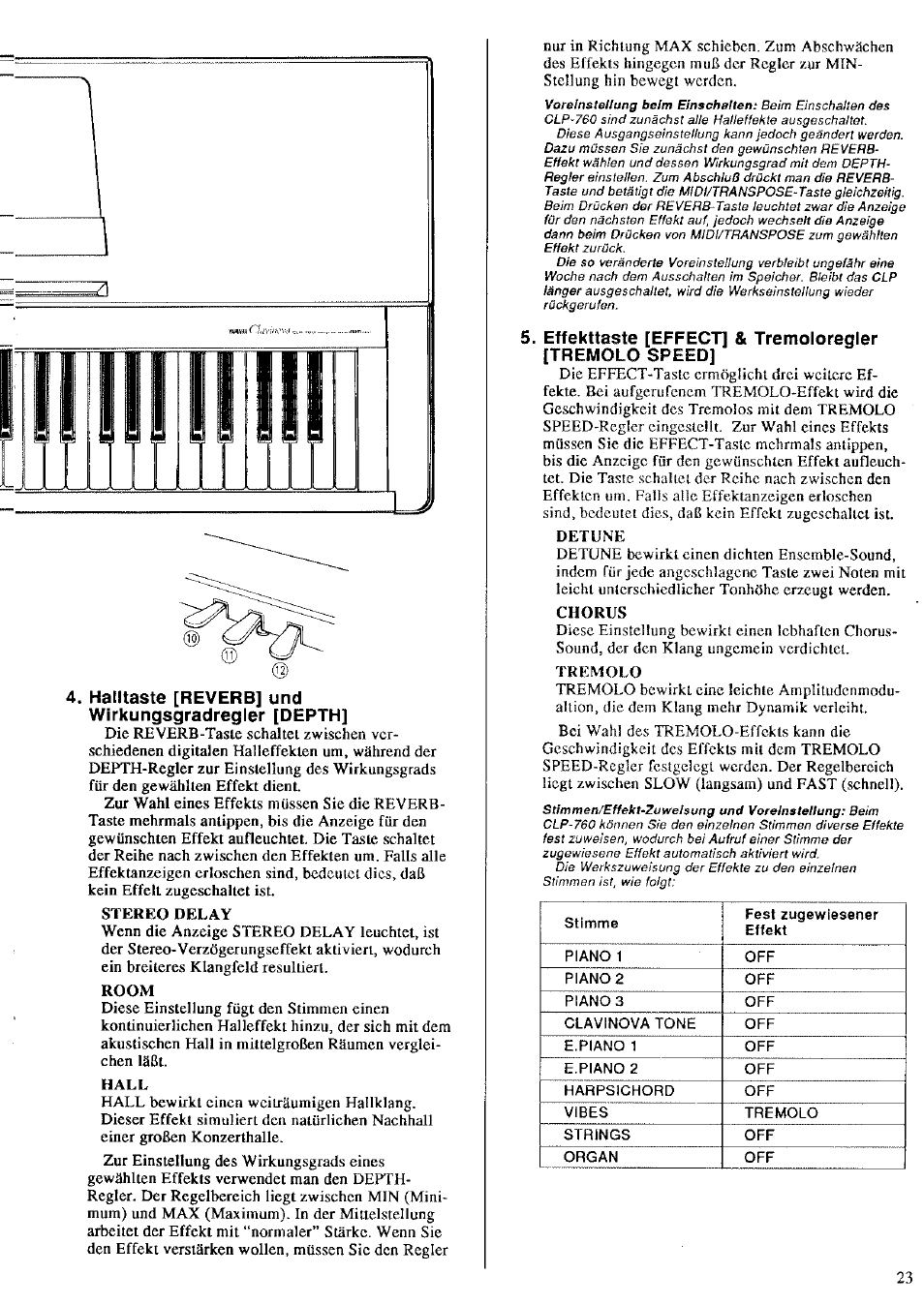 Hailtaste [reverb] und wirkungsgradregler [depth, Effekttaste [effect] &  tremoloregler, Tremolo speed | Yamaha CLP-760 User Manual | Page 13 / 27 |  Original mode