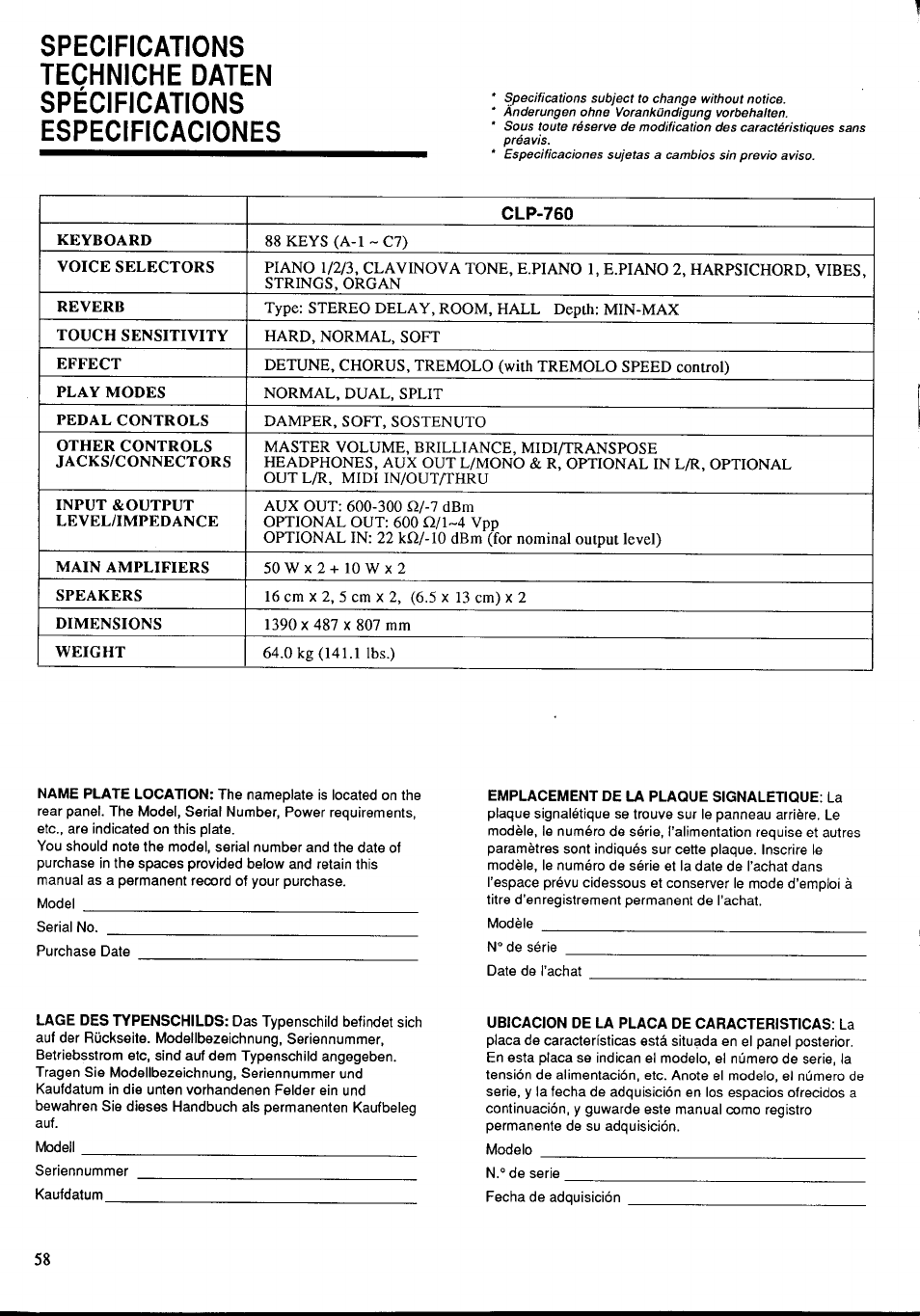 Specifications techniche daten | Yamaha CLP-760 User Manual | Page 24 / 27