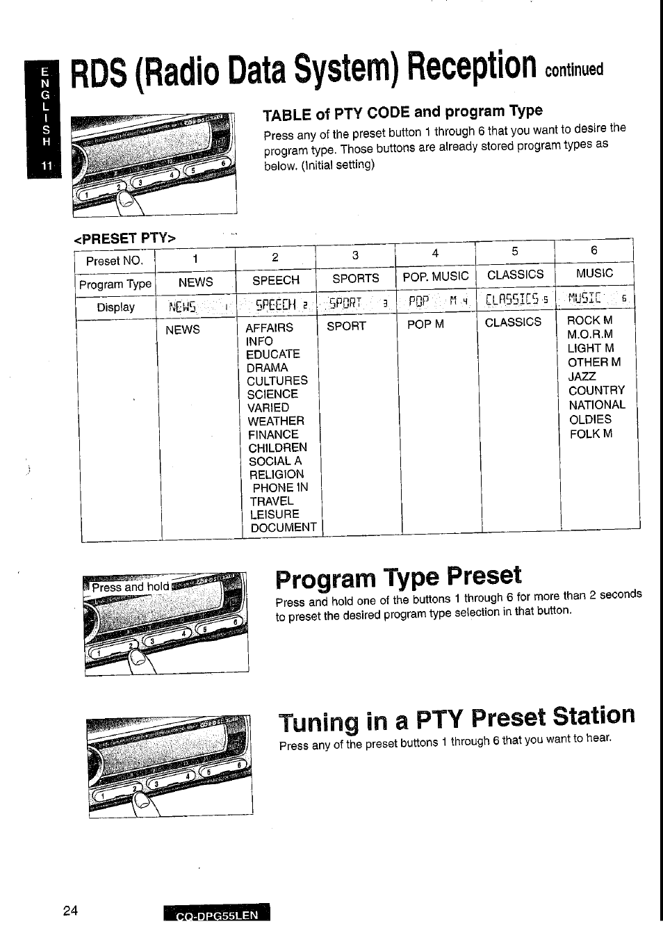 Table of pty code and program type, Rds (radio data system) reception,  Program type preset | Panasonic cq-dpg55len User Manual | Page 24 / 43 |  Original mode