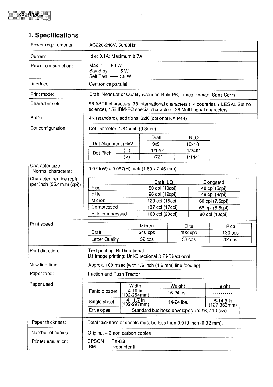 Specifications | Panasonic KX-P1150 User Manual | Page 2 / 52