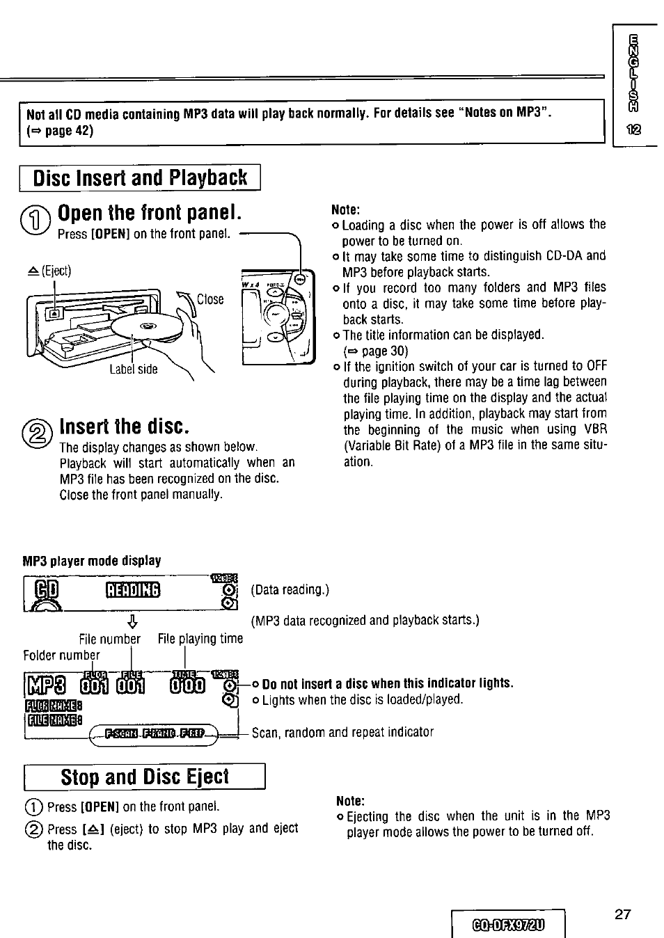 Disc insert and playback, Insert the disc, Reading | Panasonic FULL FRONT MP3  CD PLAYER CQ-DFX972U User Manual | Page 27 / 156 | Original mode