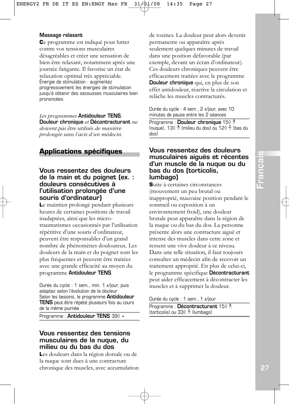 Français, Applications spécifiques | Compex Energy mi-Ready User Manual |  Page 29 / 183 | Original mode