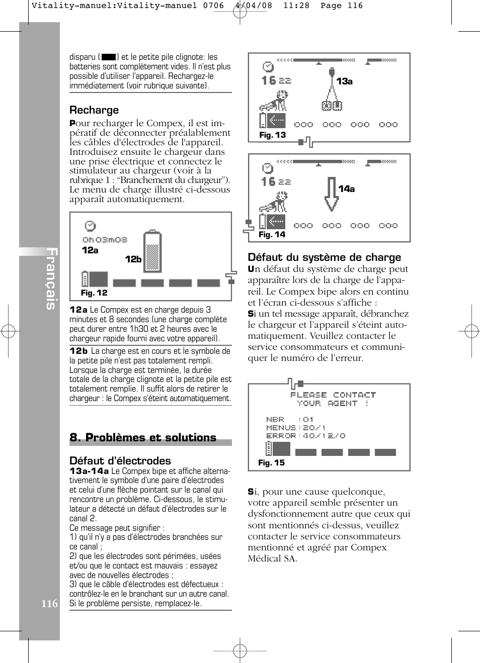 Français, Problèmes et solutions | Compex Vitality User Manual | Page 116 /  308