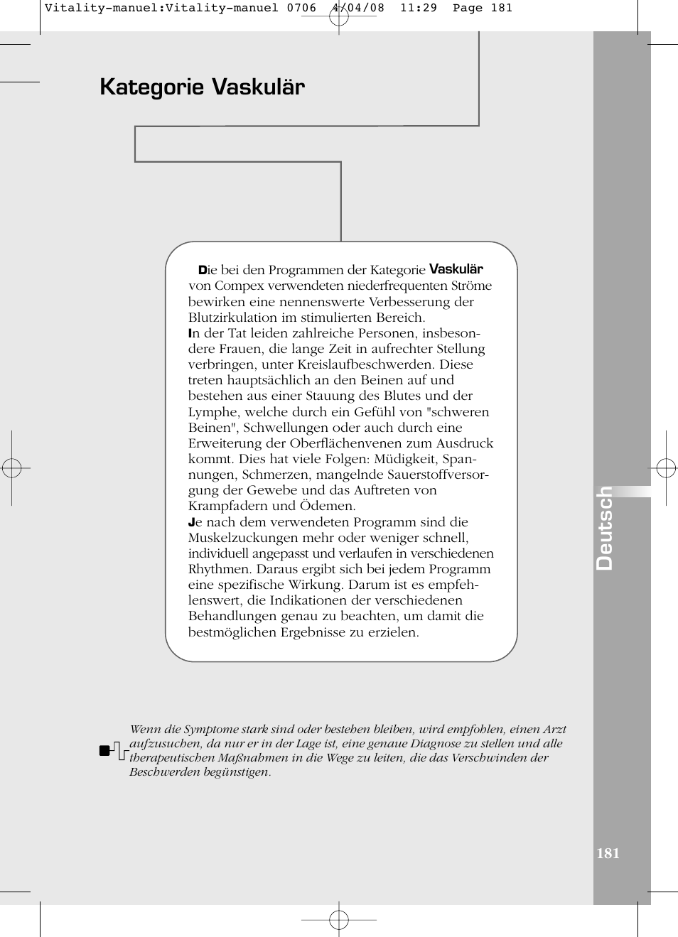 Kategorie vaskulär, Deutsch | Compex Vitality User Manual | Page 181 / 308  | Original mode