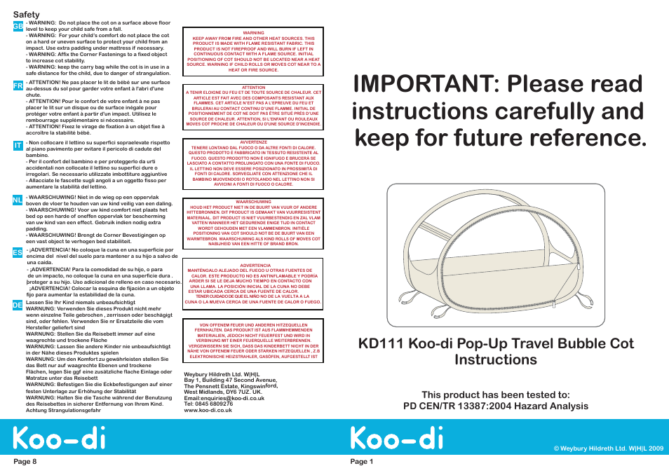 Koo-di Pop-Up Travel Bubble Cot User Manual | 4 pages | Original mode |  Also for: Pop-Up Travel Bubble Cot - Polka Dot