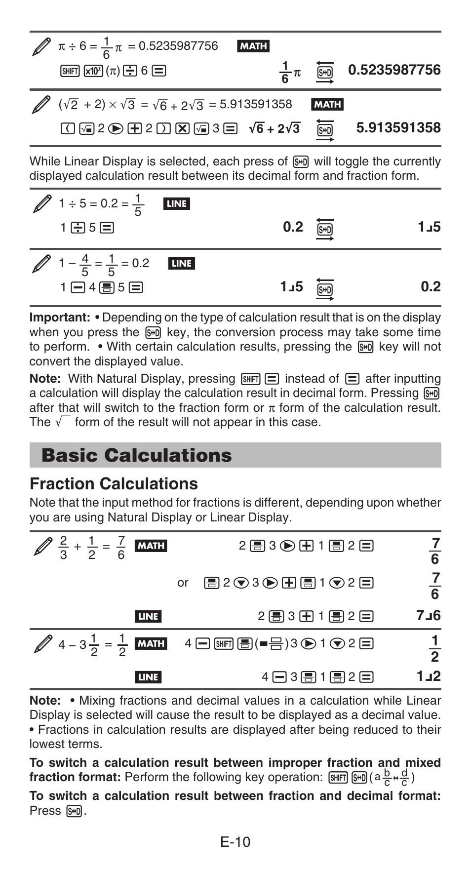 Basic calculations, Fraction calculations | Casio fx-991ES PLUS User Manual  | Page 11 / 46