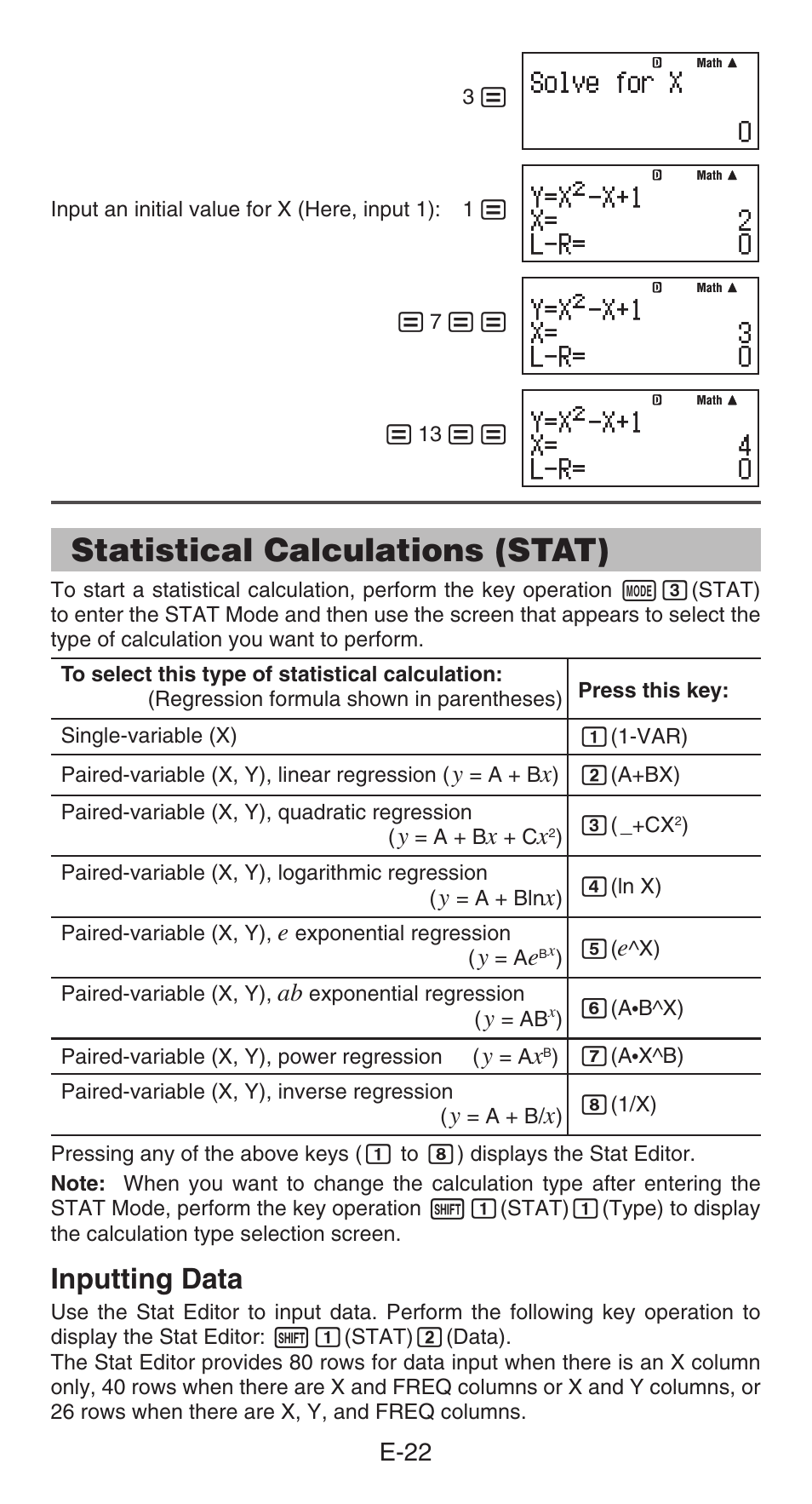 Statistical calculations (stat), Inputting data, E-22 | Casio fx-991ES PLUS  User Manual | Page 23 / 46