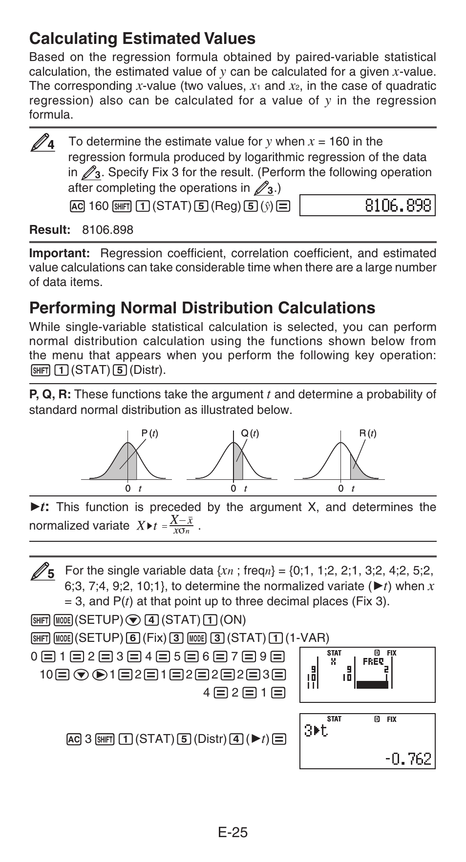 Calculating estimated values, Performing normal distribution calculations,  E-25 | Casio fx-991ES PLUS User Manual | Page 26 / 46