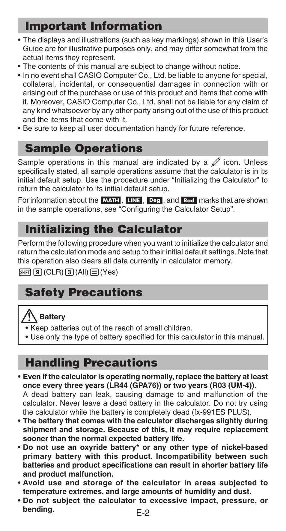 Important information, Sample operations, Initializing the calculator | Casio  fx-991ES PLUS User Manual | Page 3 / 46 | Original mode