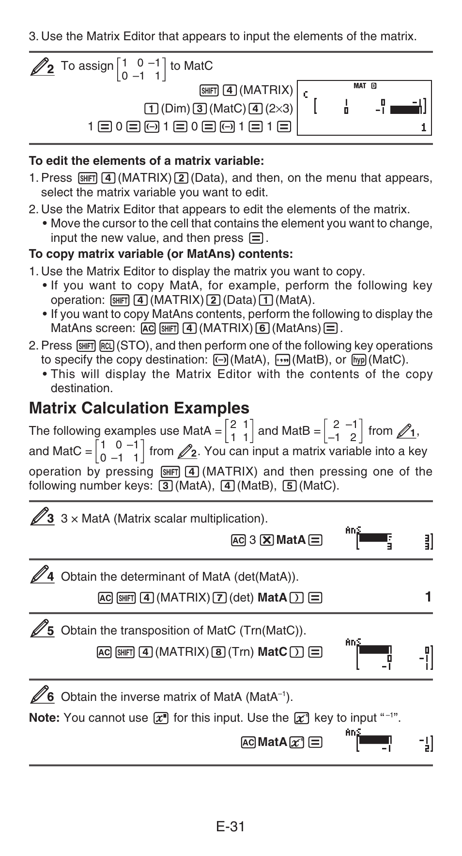 Matrix calculation examples | Casio fx-991ES PLUS User Manual | Page 32 / 46