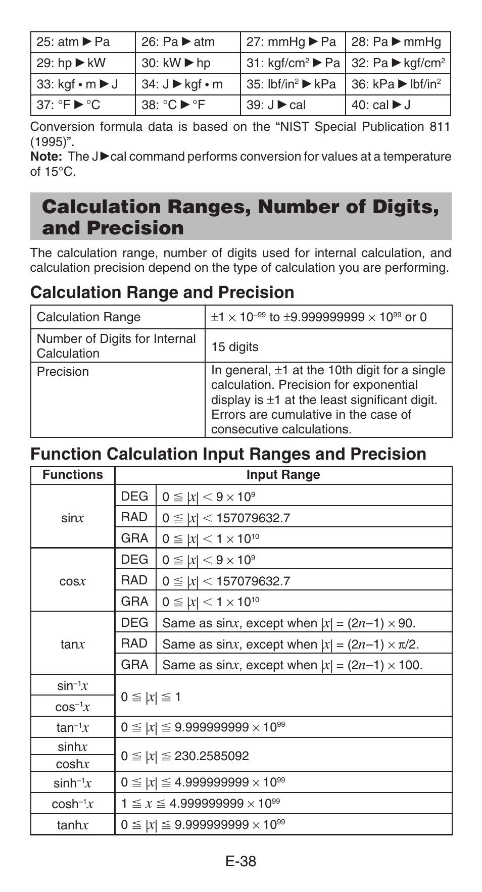 Calculation range and precision, Function calculation input ranges and  precision | Casio fx-991ES PLUS User Manual | Page 39 / 46