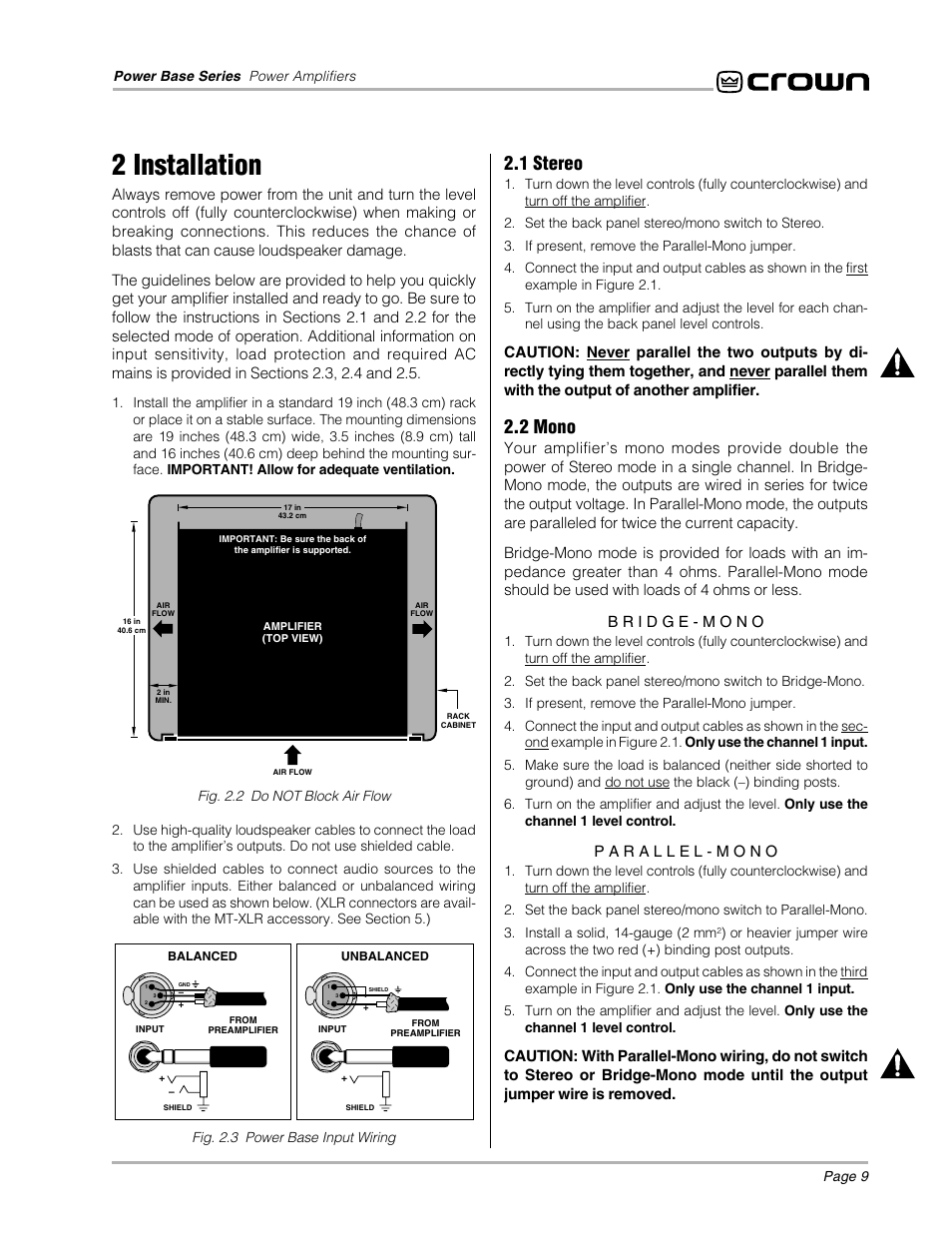 2 installation, 1 stereo, 2 mono | Crown POWER BASE 3 User Manual | Page 9  / 21 | Original mode