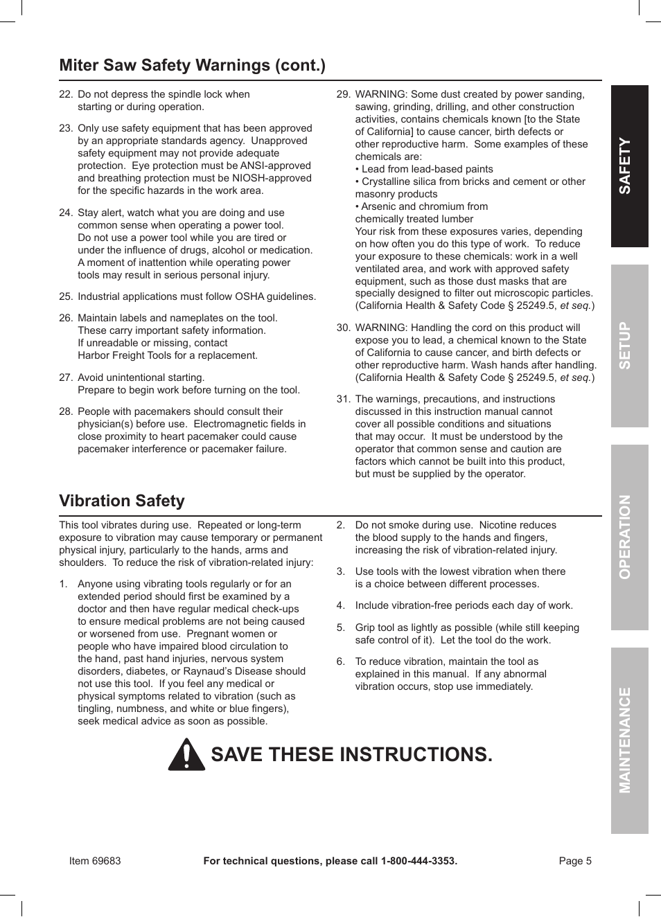 Save these instructions, Vibration safety, Miter saw safety warnings  (cont.) | Chicago Electric 10" Compound Miter Saw with Laser Guide 69683  User Manual | Page 5 / 20 | Original mode
