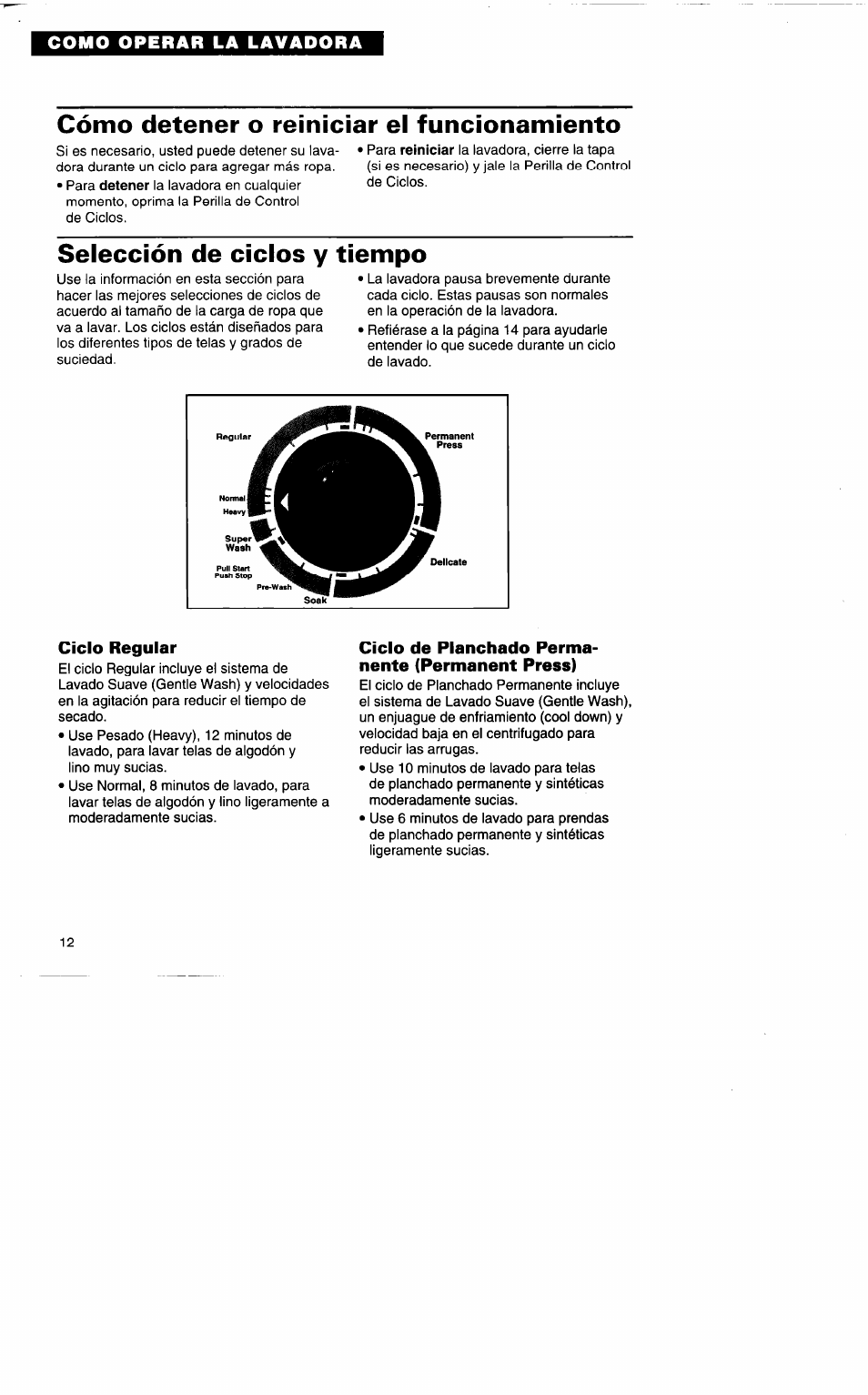 Cómo detener o reíniciar el funcionamiento, Selección de ciclos y tiempo,  Ciclo regular | Whirlpool 3396315 User Manual | Page 48 / 78