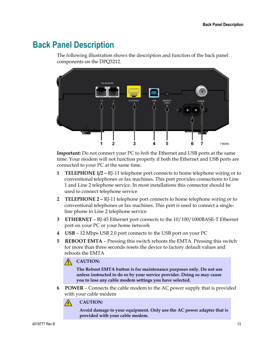 Back panel description | Cisco DPQ3212 User Manual | Page 13 / 40