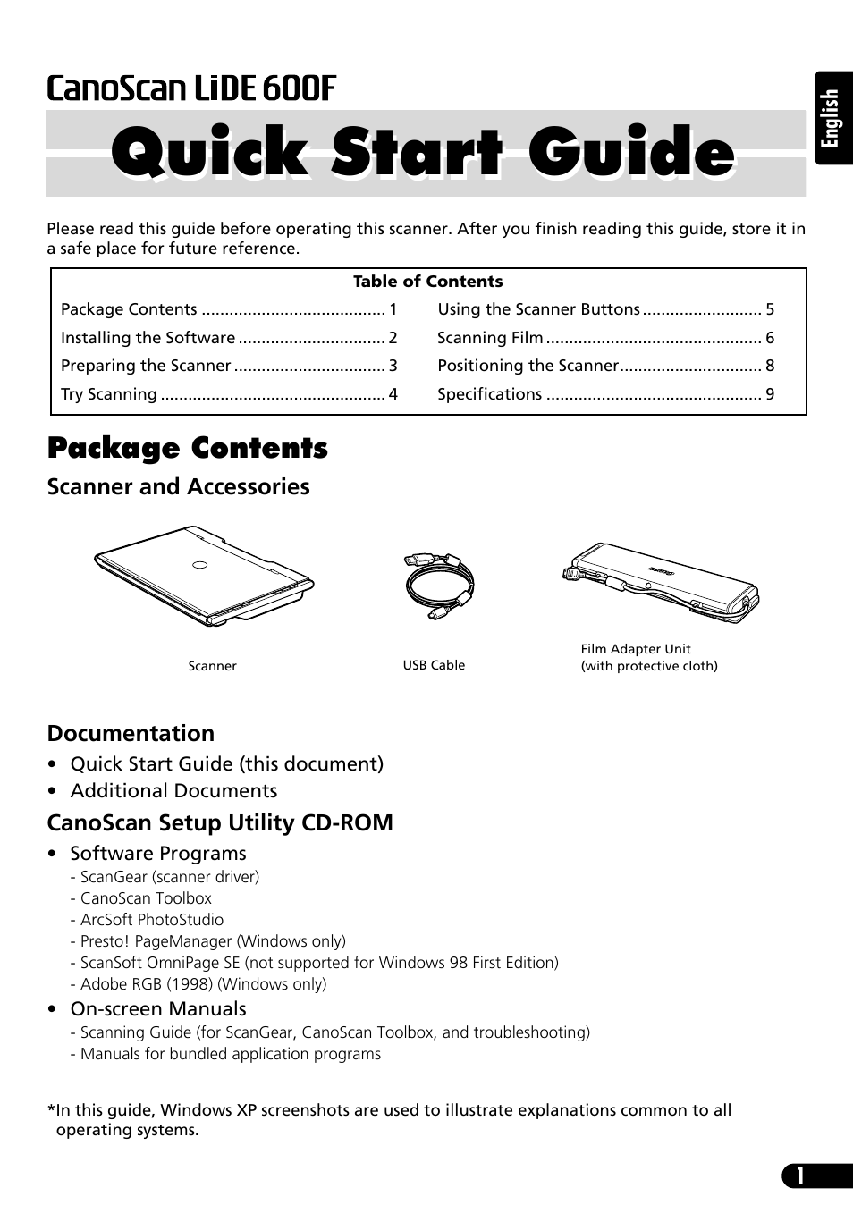 Quick start guide, Package contents | Canon CANOSCAN LIDE 600F User Manual  | Page 2 / 73