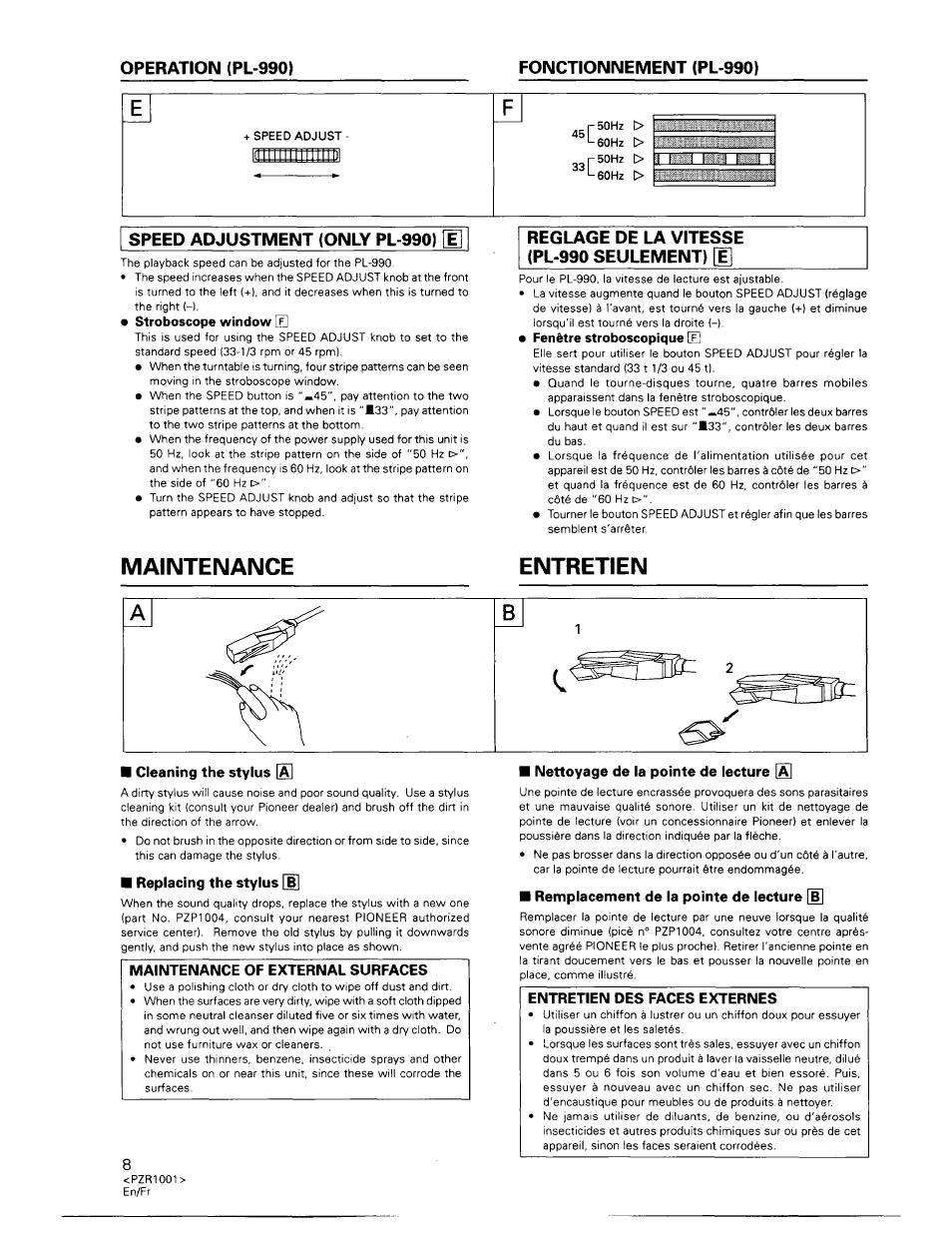 Fonctionnement (pl-990), Speed adjustment (only pl-990) [e, Stroboscope  window [f | Pioneer PL-990 User Manual | Page 8 / 26 | Original mode