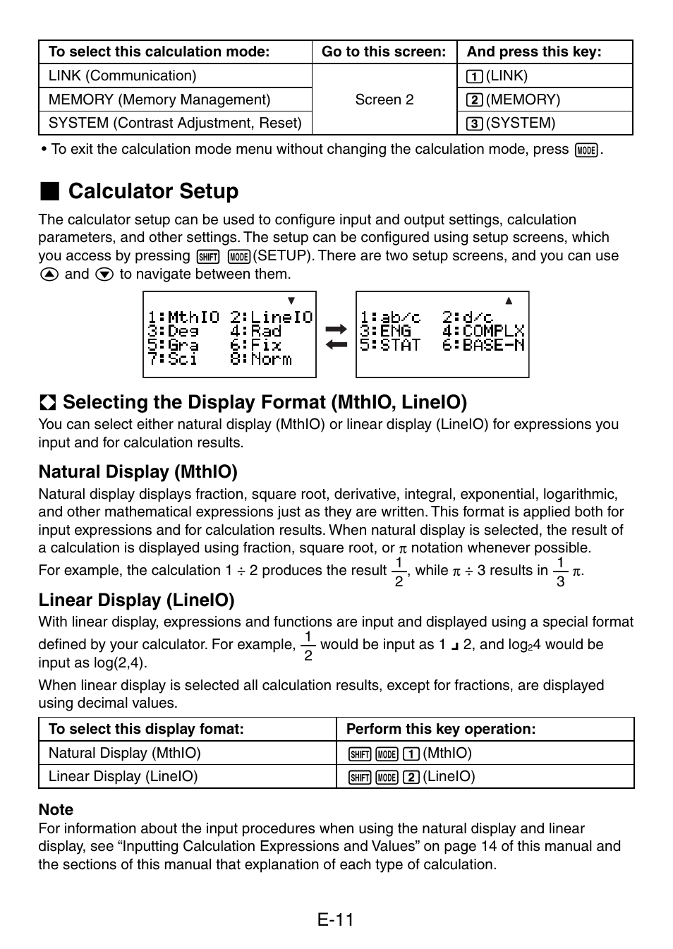 Calculator setup, A selecting the display format (mthio, lineio), E-11 | Casio  fx-5800P User Manual | Page 12 / 147 | Original mode
