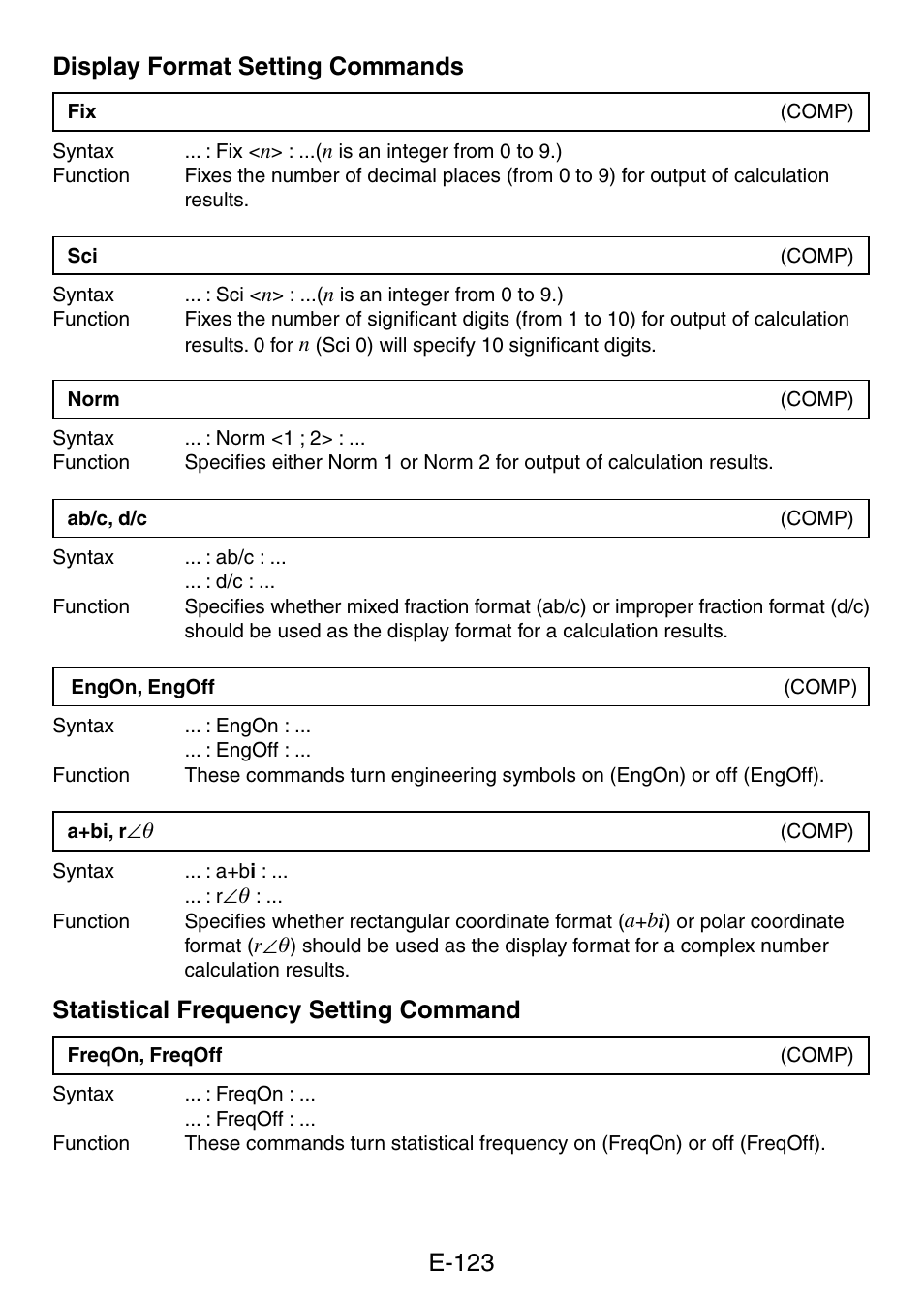 E-123 display format setting commands, Statistical frequency setting  command | Casio fx-5800P User Manual | Page 124 / 147